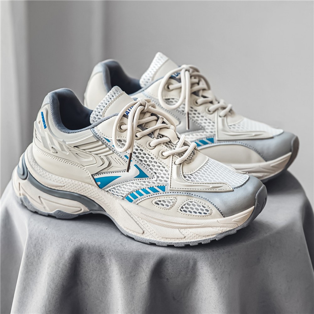 Men's Shoes Seasonal Mesh Breathable Sports Shoes, Versatile Thick-soled Height-increasing Dad Shoes, Light and High-end Grain-blue/gray Niche Trendy Shoes