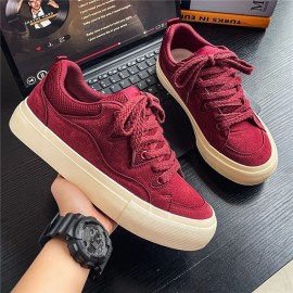 Men's Burgundy Platform Sneakers - Chunky Low-Top Skate Shoes with Lace-Up Closure, Round Toe & PU Sole - Winter-Ready American Street Style for Skateboarding, Casual Wear - Heavy-Sole (No Needed) - Versatile