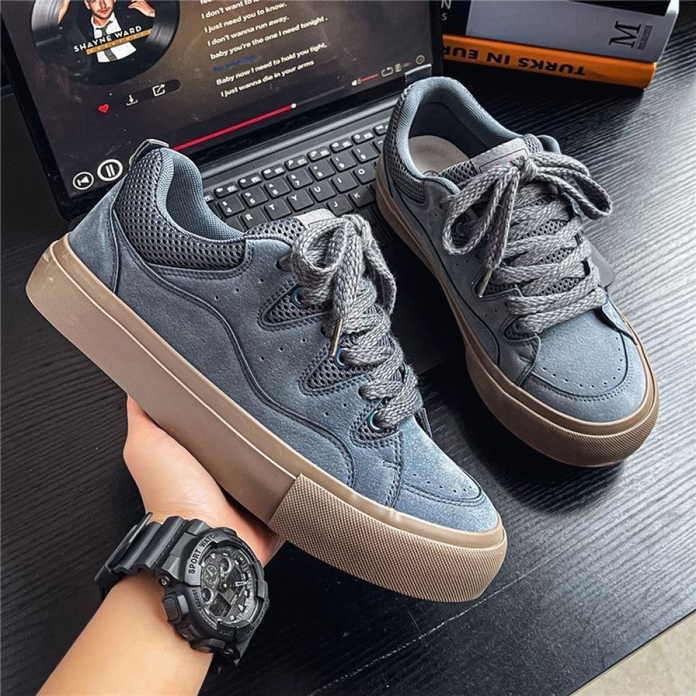Men's Burgundy Platform Sneakers - Chunky Low-Top Skate Shoes with Lace-Up Closure, Round Toe & PU Sole - Winter-Ready American Street Style for Skateboarding, Casual Wear - Heavy-Sole (No Needed) - Versatile