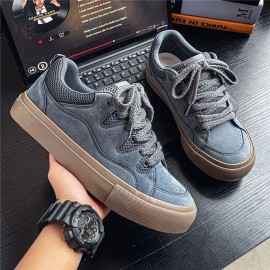 Men's Burgundy Platform Sneakers - Chunky Low-Top Skate Shoes with Lace-Up Closure, Round Toe & PU Sole - Winter-Ready American Street Style for Skateboarding, Casual Wear - Heavy-Sole (No Needed) - Versatile