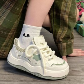 These Adorable Sneakers Have a White Foundation with Green Highlights, a Thick Sole, And Whimsical Laces, Bringing a Lively And Fashionable Touch to Your Outfit.