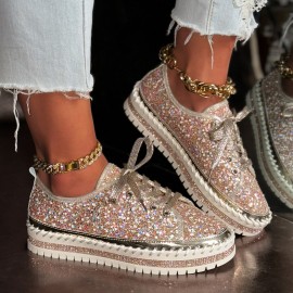 Korean Style Thick Sole Sneakers Women's, Lace-Up Sparkly Casual Shoes, Glitter Platform Fashion Footwear Spring and Fall, Women Shoes