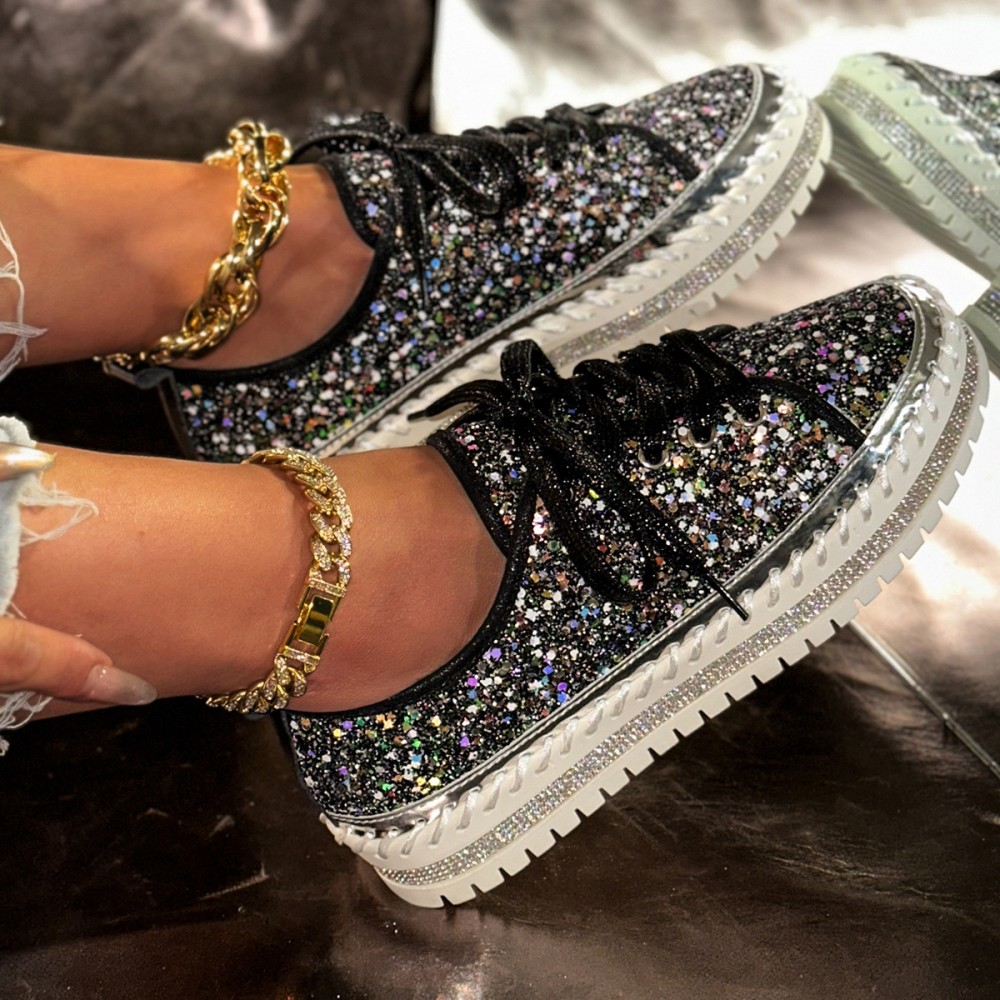 Korean Style Thick Sole Sneakers Women's, Lace-Up Sparkly Casual Shoes, Glitter Platform Fashion Footwear Spring and Fall, Women Shoes