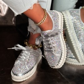 Korean Style Thick Sole Sneakers Women's, Lace-Up Sparkly Casual Shoes, Glitter Platform Fashion Footwear Spring and Fall, Women Shoes