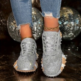 New Stylish Women's - Studded Sports Shoes, Shiny and Fashionable Low- Top Round- Toe Lace- up Casual Shoes, Comfortable Women's Low- Top Sports Shoes, Women Shoes, Sneakers