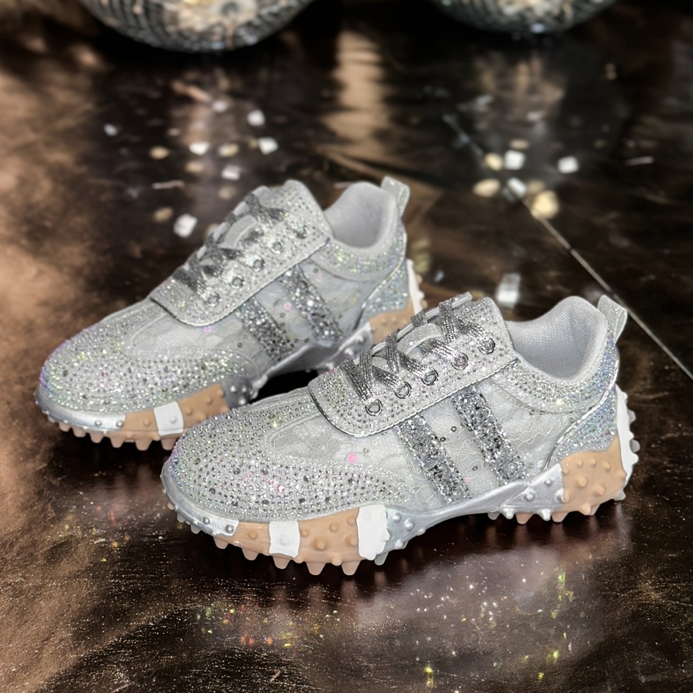 New Stylish Women's - Studded Sports Shoes, Shiny and Fashionable Low- Top Round- Toe Lace- up Casual Shoes, Comfortable Women's Low- Top Sports Shoes, Women Shoes, Sneakers