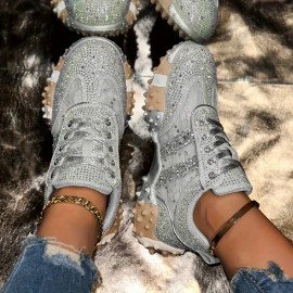 New Stylish Women's - Studded Sports Shoes, Shiny and Fashionable Low- Top Round- Toe Lace- up Casual Shoes, Comfortable Women's Low- Top Sports Shoes, Women Shoes, Sneakers