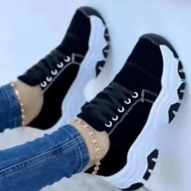 Women'S Chunky Platform Sneakers - Lace-Up Mid-Top Shoes with Cushioned EVA Insole & Non-Slip Rubber Outsole - All-Season Everyday & Formal Shoes - PU Cover Upper - Black/White Athletic Footwear for Women, Black And White Sneaker, Shoe For Women, Shoe For Women, Tenni Shoe For Women, Women Sneaker, Women Shoe, Women Athletic Shoe, Platform Shoe For Women, Sneaker For Women