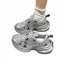 Women's Silvery Platform Sneakers Elegant Fashion Casual Shoes Height Increasing Athletic Tennis Shoes New