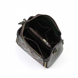 [Floral Leather Crossbody] Vintage Floral Embossed Genuine Leather Women’s Crossbody Bag - Adjustable Strap, Lightweight, Zip Closure, Lined, Brown/Green, Intricate Red Rose & Green Leaf Design, Multiple Compartments, Urban Style Accessory | Embossed Leather Bag | Genuine