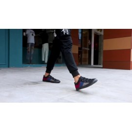 Men'S Slip-On Low-Top Sneakers | Non-Slip Rubber Sole, Cushioned Insole, Breathable Canvas Upper, Gray/Black/Red Color Block Design, Casual Skate Shoes, Comfortable Round-Toe Moccasin Style, Ideal for Walking, Traveling, Casual Outfits