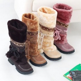 Winter Warm Fuzzy Ball Collar Snow Boots - Mid-Calf PVC & Rubber Sole Ice Boots Suitable for Snow, Ice, Slush, Cold Weather - Cozy Outdoor Winter Footwear
