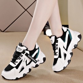 Women's Chunky Platform Sneakers - Korean- Inspired White/Pink/Black/Grey Cushioning Shoes, Breathable Mesh-like Athletic Dad Shoes with Thick PU Sole, Spring/Fall Casual Walking & Footwear