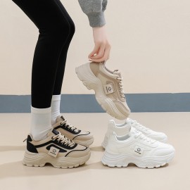 INS Korean Style Chunky Dad Shoes | Women'S Fashion Thick Sole Height Increasing Sneakers, Casual Tennis Shoes, Student Everyday Walking Shoes, Fabric Upper, Mesh Inner, Rubber Insole, Sole, Lace-up Closure