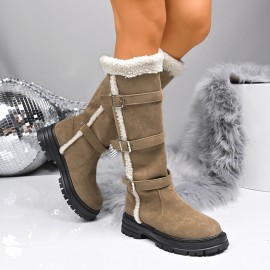 Women's Plus Size Winter Snow Boots - Thickened High-Calf Warm with Exterior, Sole & Belt Buckle - All-Terrain Traction for Ice, Snow, Driveways - Cold Weather Winter Footwear